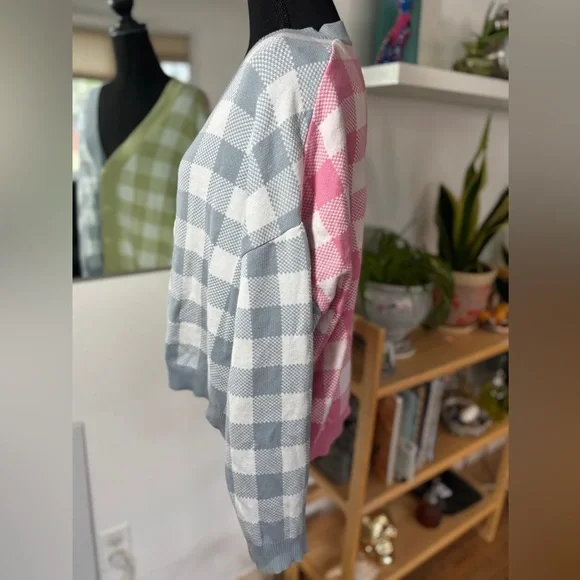 Stradivarius Gingham Cropped Oversized Colorful Tik Tok Famous Cardigan Sweater - Picture 2 of 9
